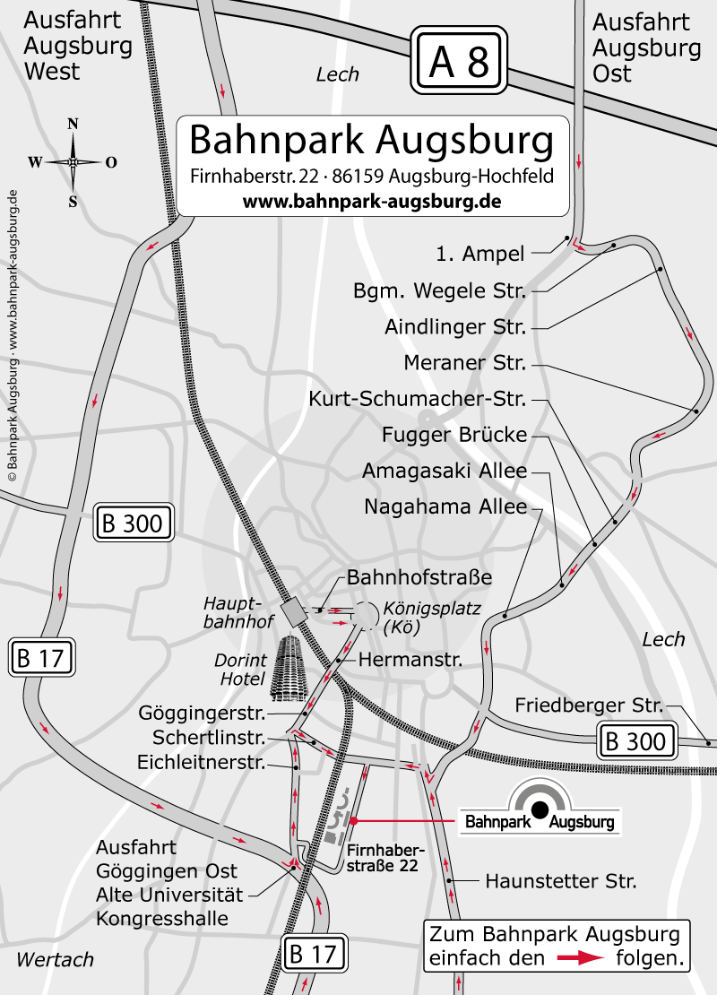 Anfahrtszeichnung für den Bahnpark Augsburg